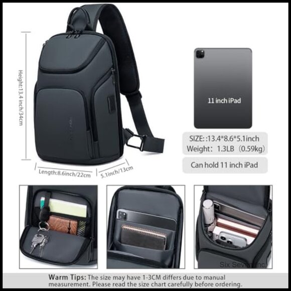 Water-Resistant Oxford Sling Backpack with USB Charging Port main image 5